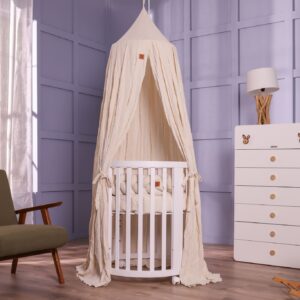 Culla Venere bianca e settimino con pomelli naturale con baldacchino treccia e piumone sfoderabile in mussola ricamata avorio